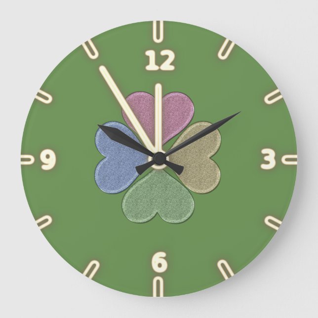 Modern Green Irish Shamrock, St. Patrick's Day Large Clock (Front)