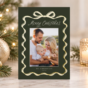Modern Green Ivory Ribbon Bow Photo Foil Christmas