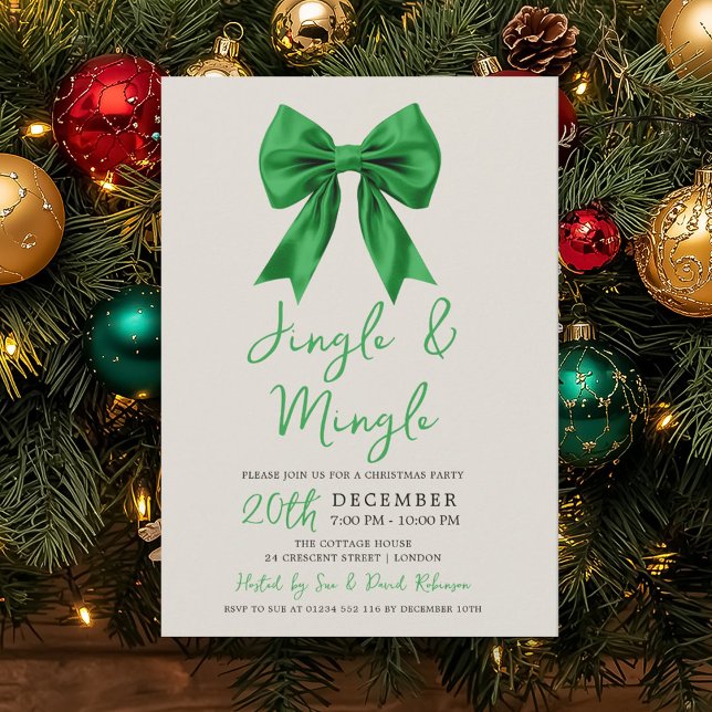 Modern Green Jingle & Mingle Christmas Party Bow Invitation (Modern Green Jingle & Mingle Christmas Party Bow Invitation)