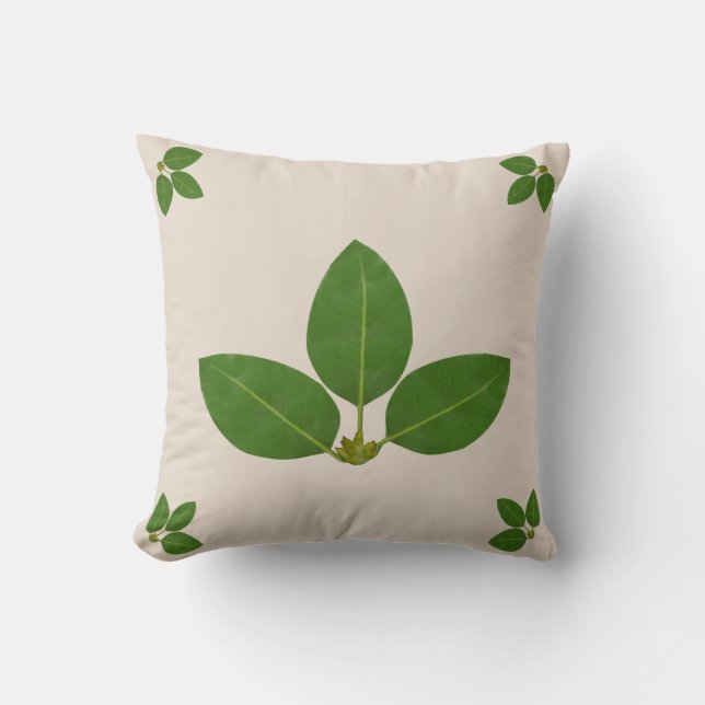 Modern Green Laurel Leaves on Beige Cushion (Front)