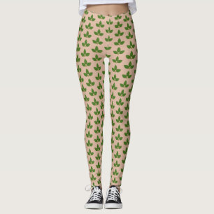 Modern Green Laurel Leaves Pattern on Beige Leggings