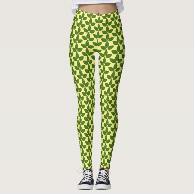 Modern Green Laurel Leaves Pattern on Yellow Leggings (Front)