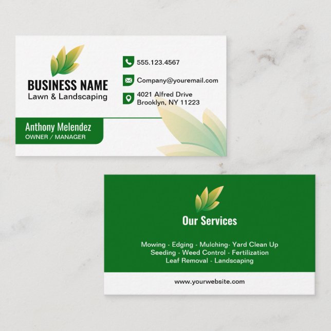 Modern Green Leaf Landscaping Logo Business Card (Front/Back)
