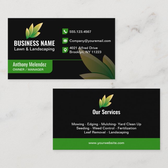 Modern Green Leaf Landscaping Logo Business Card (Front/Back)