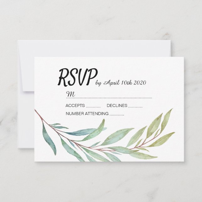 Modern Green Leaf Leaves Watercolor RSVP cards (Front)