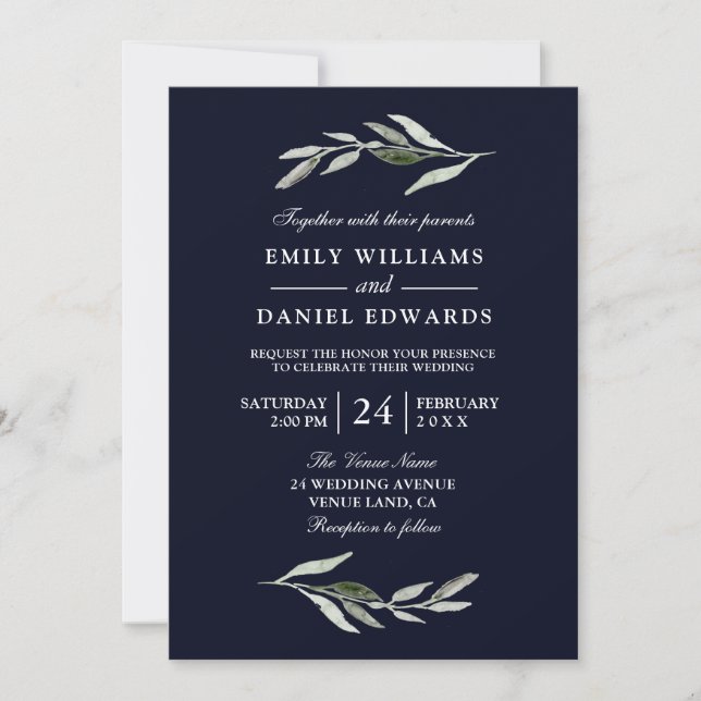 Modern Green Leaf Navy Blue Wedding Invite (Front)