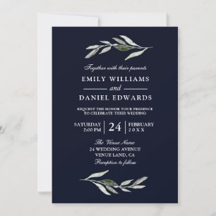 Modern Green Leaf Navy Blue Wedding Invite