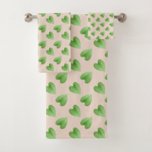 Modern Green Leaf Pattern on Beige Bath Towel Set