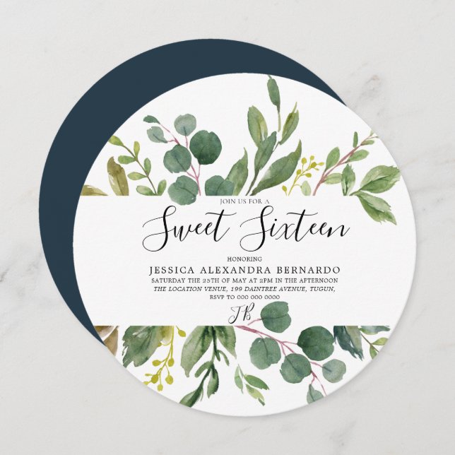 Modern Green Leaf Watercolor Sweet 16 Birthday Invitation (Front/Back)