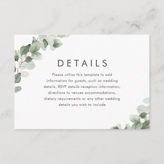 Modern Green Leaf Wedding Reception Details Enclosure Card (Front)