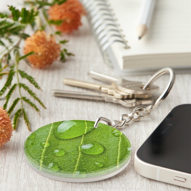 Modern Green Leaf with Raindrops  Key Ring (Front Right)