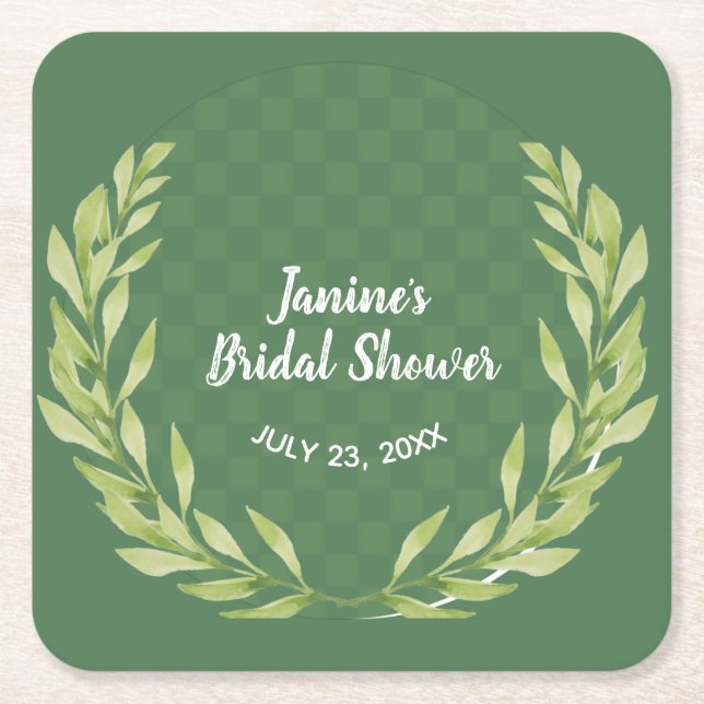 Modern Green Leaf Wreath Customisable  Square Paper Coaster (Front)