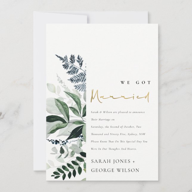 Modern Green Leafy Tropical Foliage Wedding Announcement (Front)