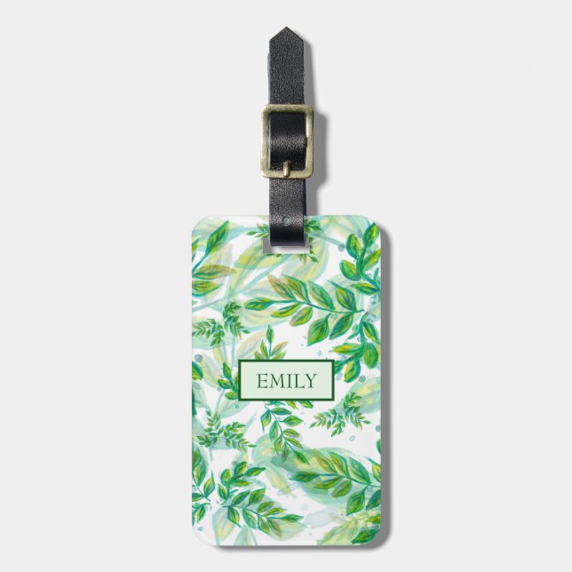 Modern Green Leaves Luggage Tag (Front Vertical)