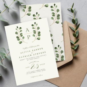 Modern green leaves monogram wedding  invitation