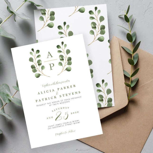 Modern green leaves monogram wedding  invitation (Creator Uploaded)