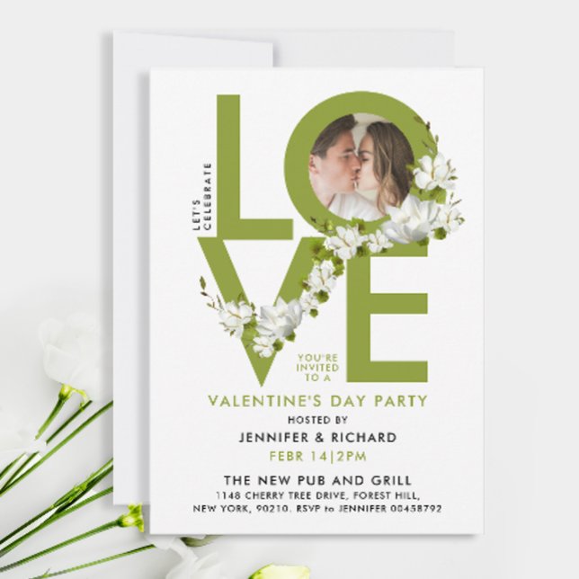 Modern Green Love Celebration Script Photo Floral Invitation (Creator Uploaded)