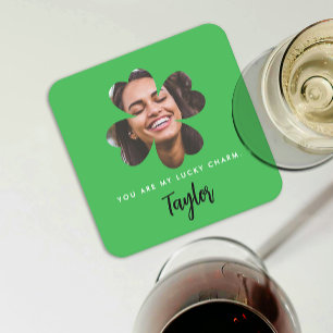 Modern Green Lucky In Love Shamrock Clover Photo Square Paper Coaster