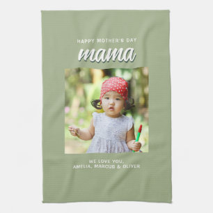 Modern Green Mama Kids Photo Mother's Day Tea Towel