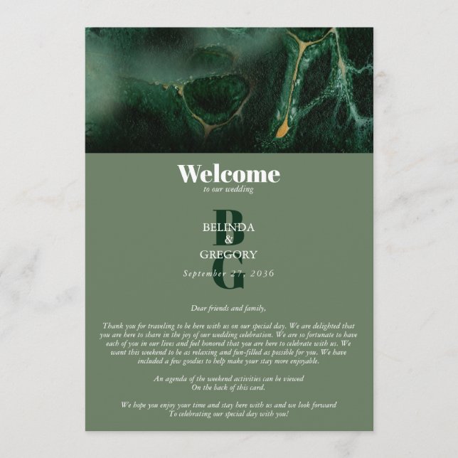 Modern Green Marble Monogram Wedding Itinerary Programme (Front)