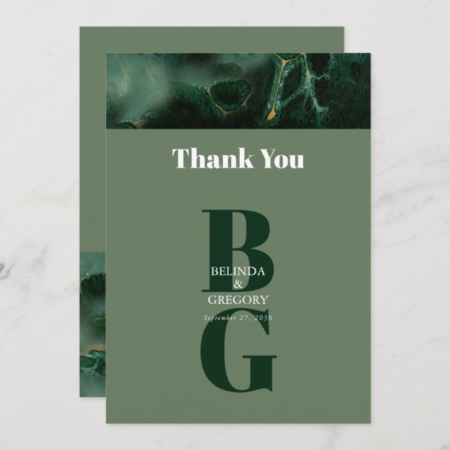 Modern Green Marble Monogram Wedding  Thank You Card (Front/Back)
