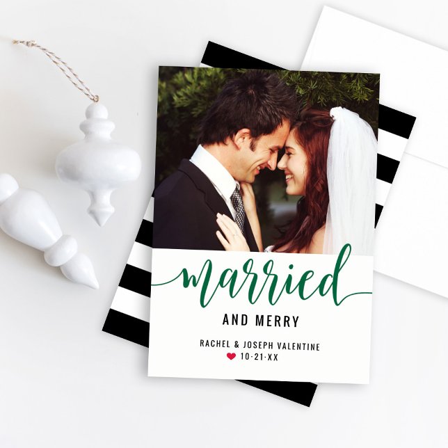 Modern Green Married and Merry Wedding Photo Holiday Card (Creator Uploaded)