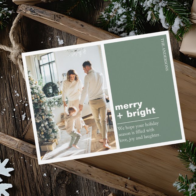 Modern Green “Merry + Bright” Christmas Photo Postcard (Creator Uploaded)