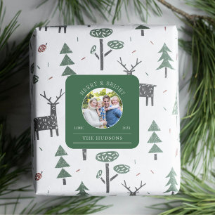 Modern Green Merry & Bright Round Photo Square Sticker
