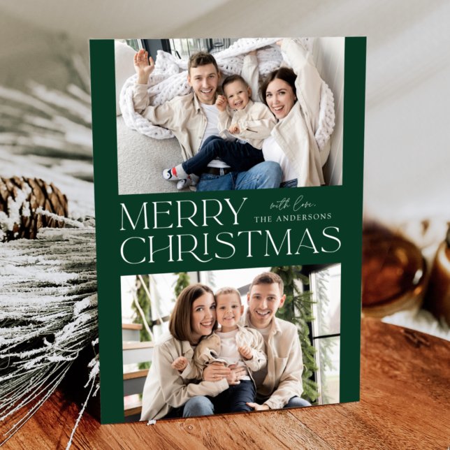 Modern Green Merry Christmas 2 Photo Holiday Card (Creator Uploaded)
