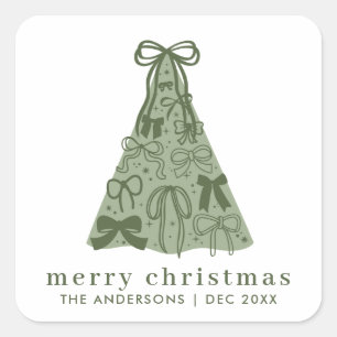 Modern Green Merry Christmas Bows Square Sticker