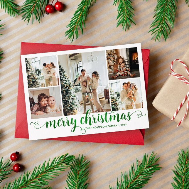Modern Green Merry Christmas Heart Script 5 Photo Holiday Card (Creator Uploaded)