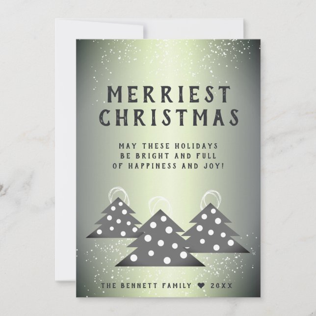 Modern Green Metallic Christmas Tree Merriest Holiday Card (Front)