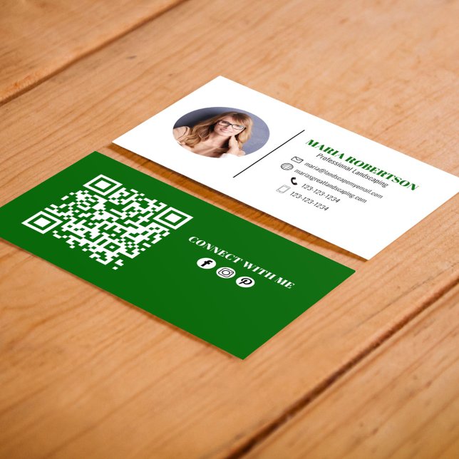 Modern Green Minimalist QR Code Social Media  Business Card (Minimalist modern simple green business card.)