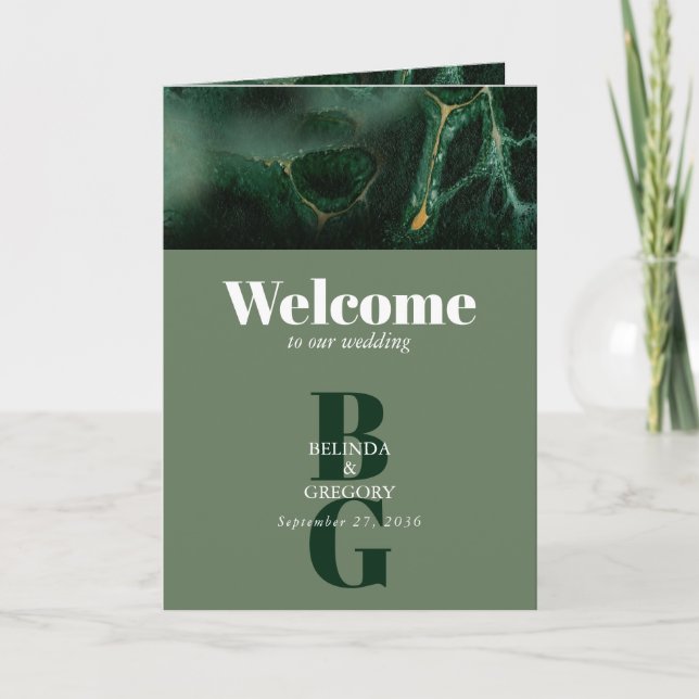 Modern Green Monogram Order of Service Programme (Front)