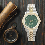 Modern Green Monogrammed Gold Silver Tone Bracelet Watch<br><div class="desc">Custom, personalised, unisex, elegant faux gold monogrammed on dark forest green dial, gold and silver tone metal bracelet wrist watch. Simply type in your initials / monogram, to customise. Go ahead create a wonderful, custom watch for the special men and women in your life - mum, dad, bride, groom, wife,...</div>