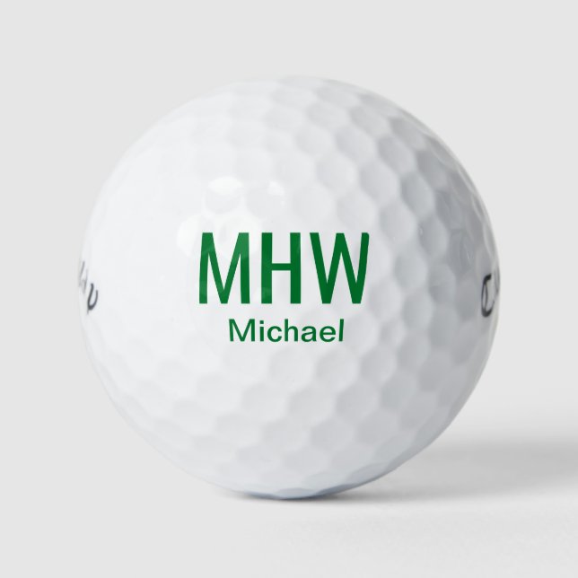 Modern Green Monogrammed Golf Balls (Front)