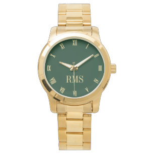 Modern Green Monogrammed Oversized Gold Bracelet Watch