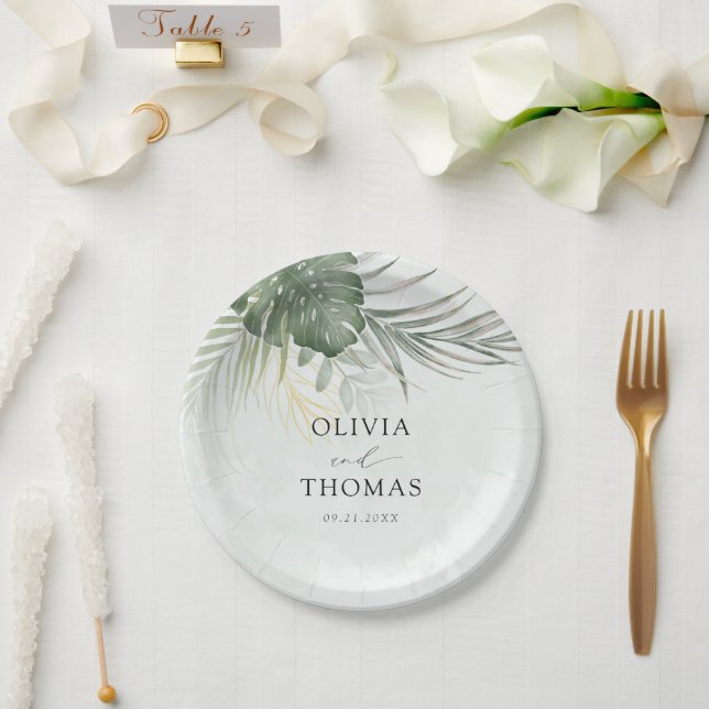 Modern Green Monstera Tropical Wedding Paper Plate (Wedding)
