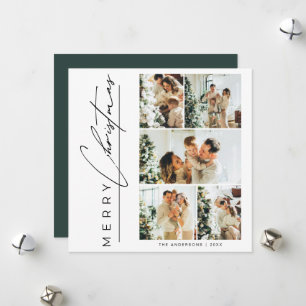 Modern Green Multi Photo Merry Christmas Script Holiday Card