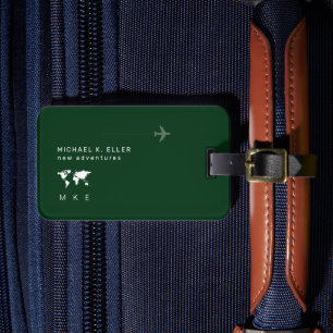 Modern green (name and initials) travel adventures luggage tag