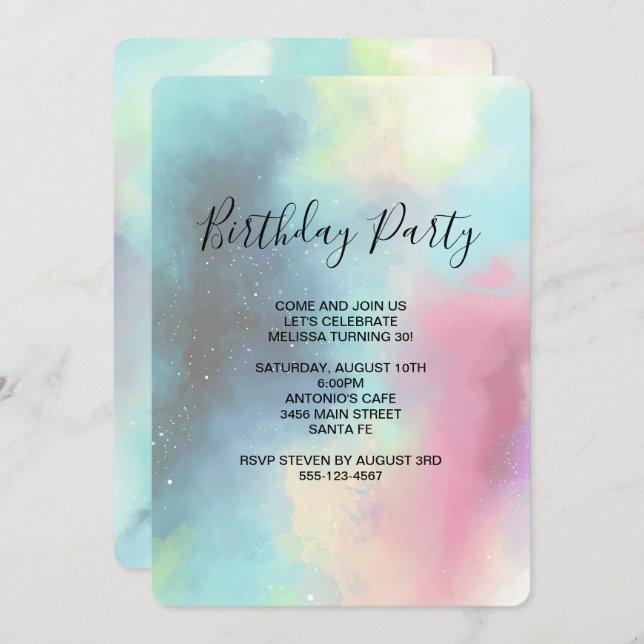 Modern Green Nebula Faded Watercolor Birthday Invitation (Front/Back)