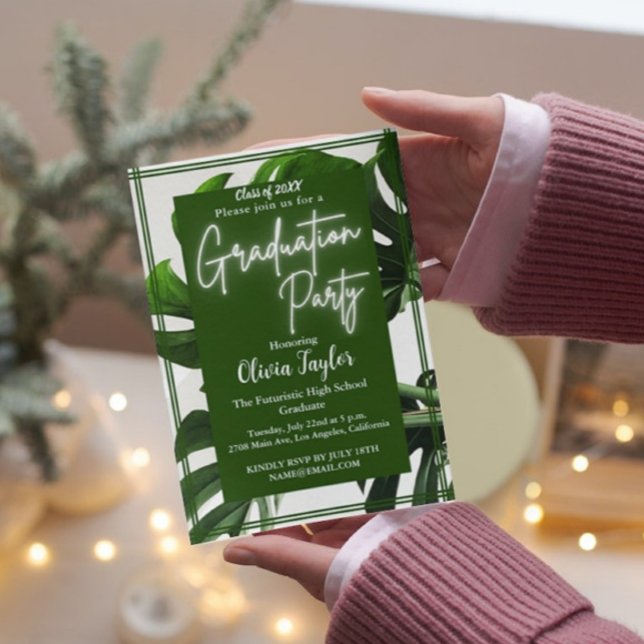Modern Green Neon Tropical Palm Graduation Party Invitation (Creator Uploaded)