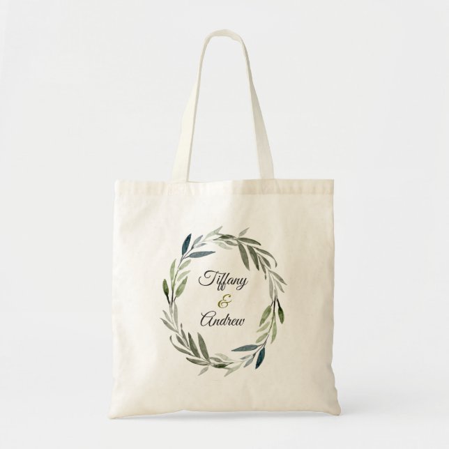 Modern Green Olive Leaf Wreath Wedding Gift Favour Tote Bag (Front)