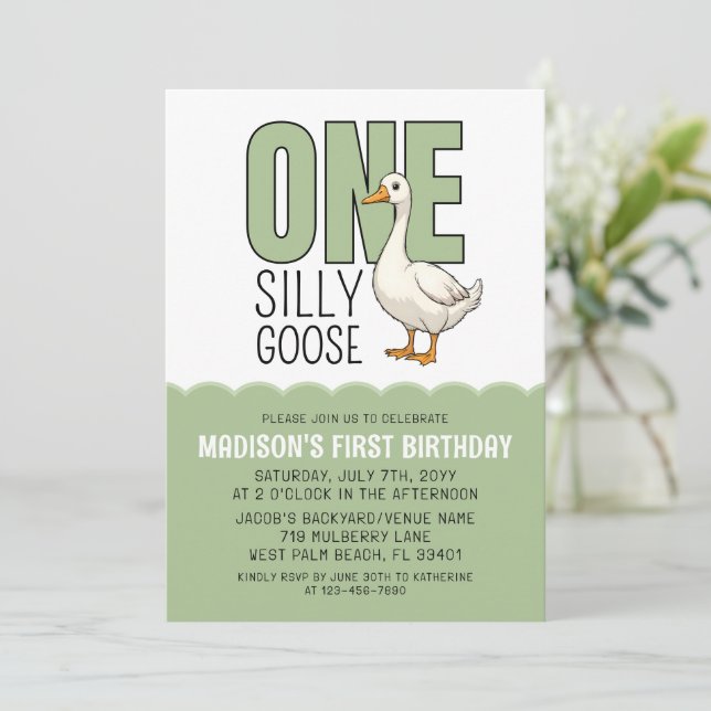 Modern Green One Silly Goose 1st Birthday  Invitation (Standing Front)