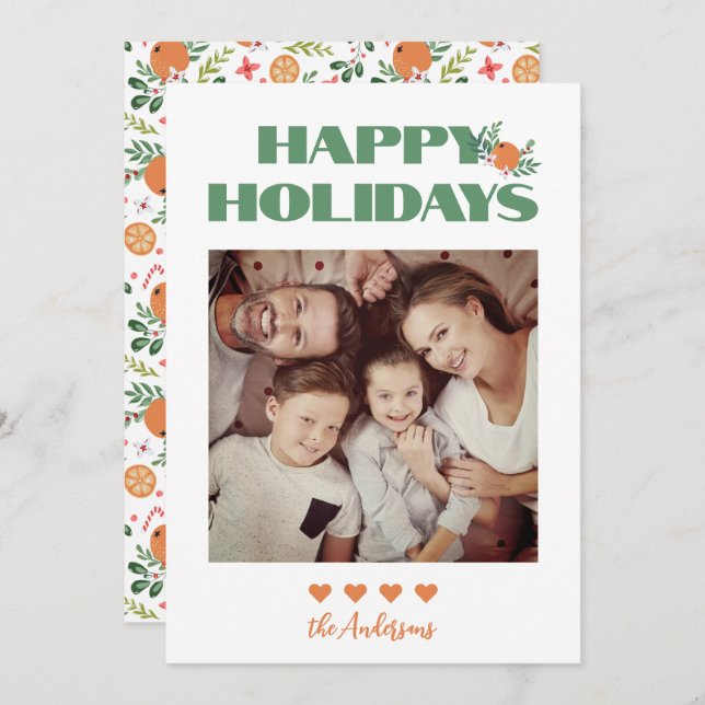 Modern Green Orange Christmas Family Photo  Holiday Card (Front/Back)