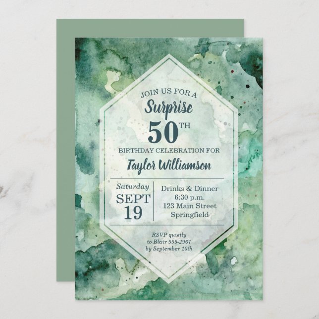 Modern Green Painted Watercolor Birthday Invites (Front/Back)
