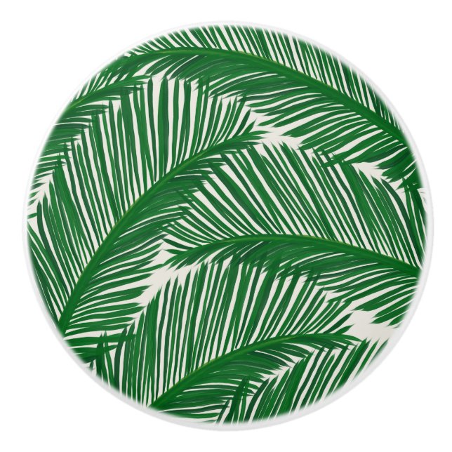 Modern Green Palm Leaf Tropical Pattern Ceramic Knob (Front)