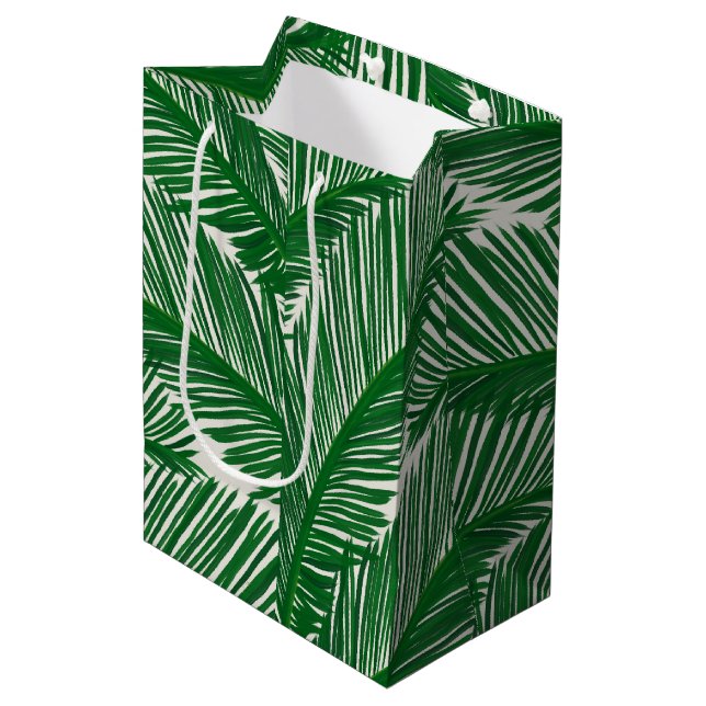 Modern Green Palm Leaf Tropical Pattern Medium Gift Bag (Front Angled)