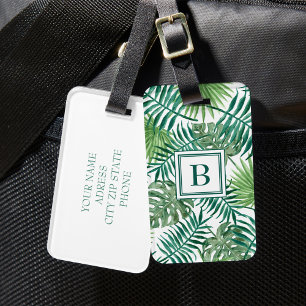 Modern Green Palm Leaves Monogrammed Luggage Tag