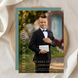 Modern Green Photo Boy First Communion Gold